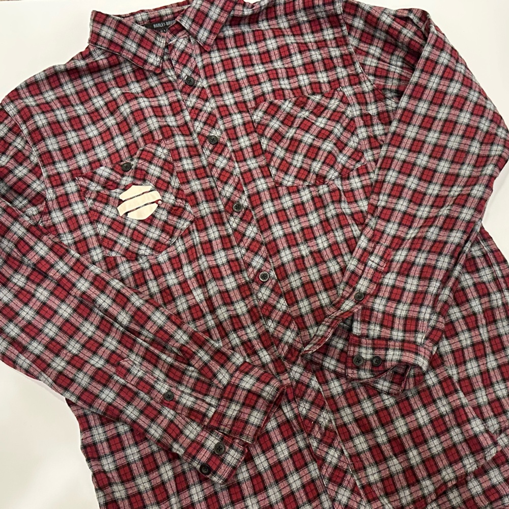 Harley Davidson Men's 120th Anniversary Red Plaid Long Sleeve Button-Up Shirt